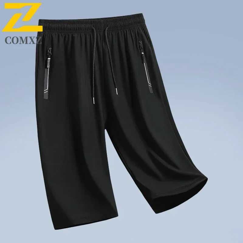 Casual Silk Ice Shorts Mens Summer Elastic Drawstring Straight Beach Pants Hiking Knee Long Quick-Dry Breathable Sports Shorts N260310
