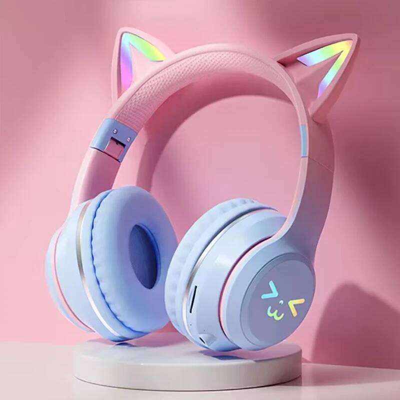 Flash Light Pink Cute Cat Ear Headphones Wireless Earphone Over-ear Noise Cancelling Folding Headset Girl Gift Earbuds 26W0310