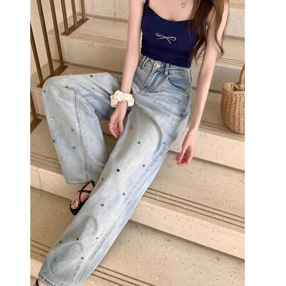Spring New Womens Shiny Colored RhinESTone High Waist Denim Jeans Pant Washed Light Blue Wide Leg Pants CHIc Trousers M260310