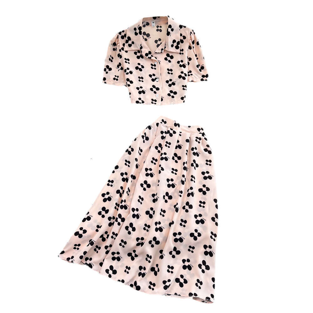 Women's Fashion Set Bubble Sleeve Top Short Sleeve Two Piece Set High Waist Printed A-line Skirt 2026