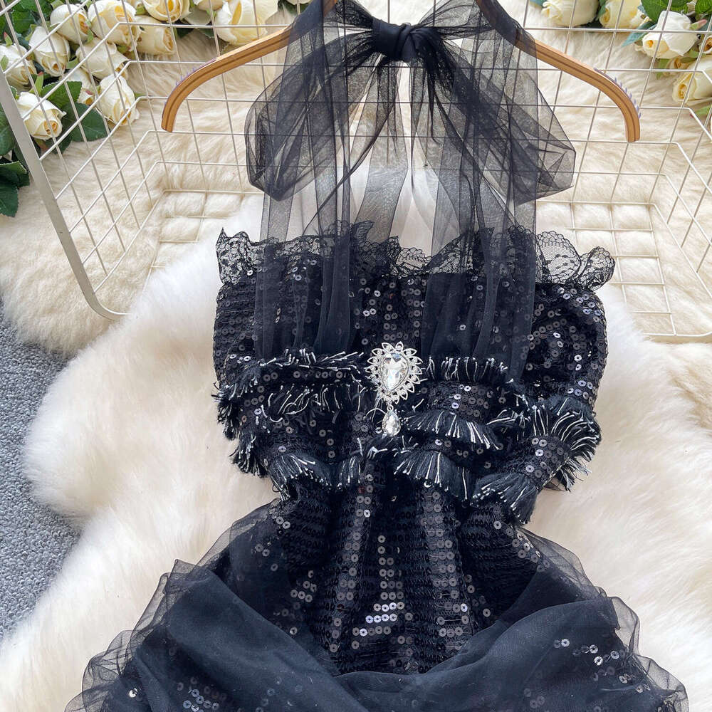 Light luxury socialite sexy mesh backless collar sequined shiny dress suitable for hot girls with waist cinching and hugging buttocks