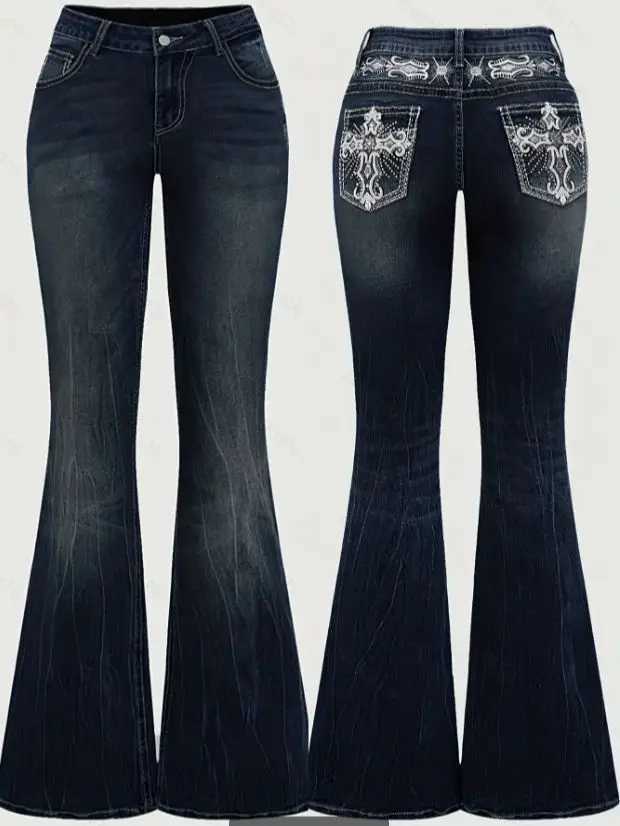 Womens Elegant Fashion High-Waist Stretch Denim Flared Pants with Back Pocket Embroidery and Rhinestone Decoration M260310