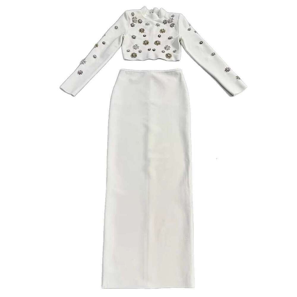 2026 autumn/winter European and American goddess style sexy thick bead decoration stand up collar short top slim fit mid skirt set