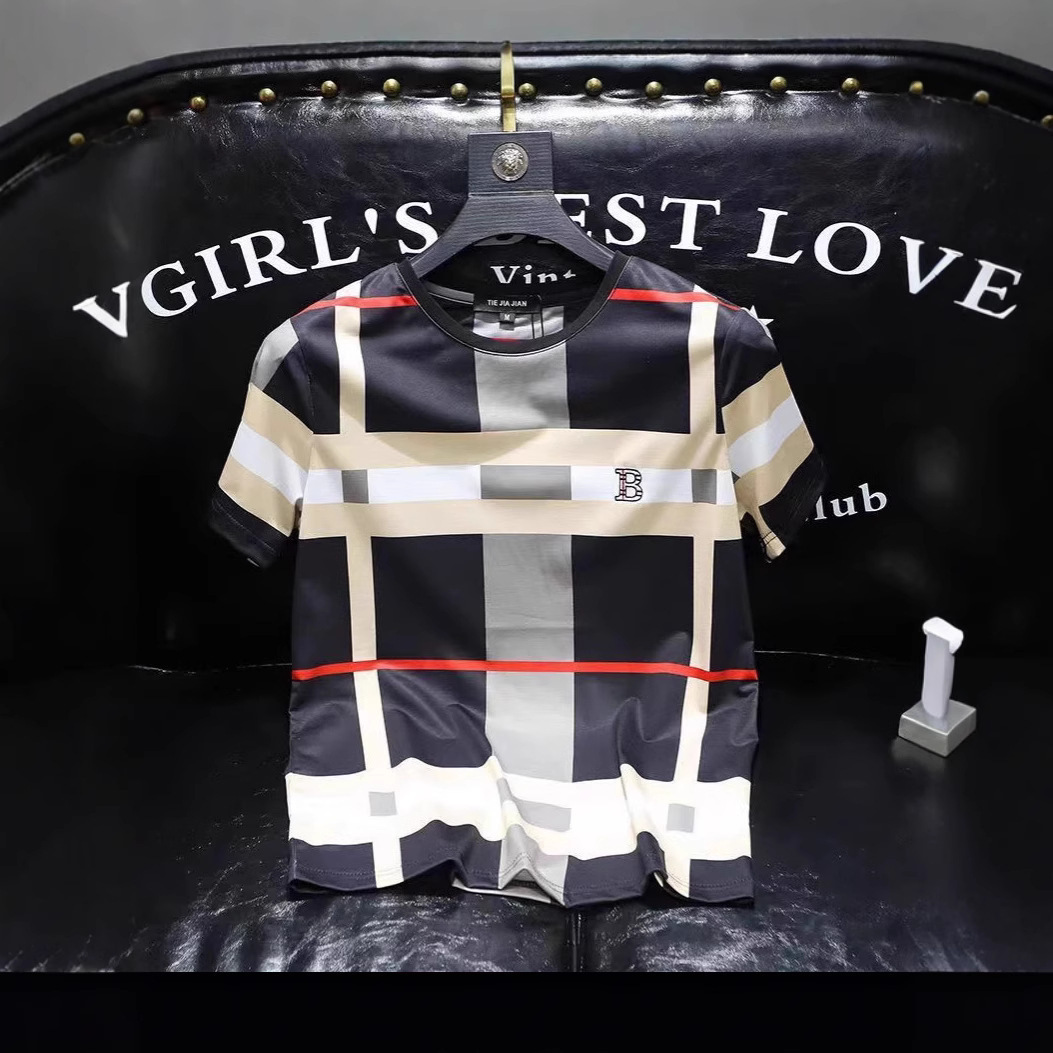 Clothes Luxury Designer European Station Cool Short Sleeve T-Shirt For Men Summer New Plaid Brand Print B Letter Personality 2026 Youth Trend Plus Siz