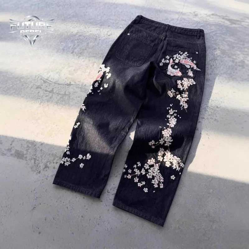 Unisex Jeans Harajuku European American Streetwear Embroidered Denim Pants Vintage Floral Loose Fit Straight Wide Leg Casual New M260310