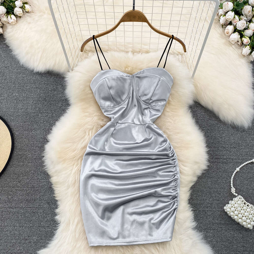 Summer pure desire spicy girl vest skirt sexy acetate satin slim fit highlights petite figure pleated tight fitting dress