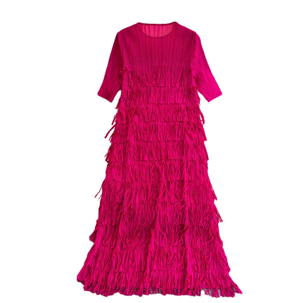 2026 Designer Fashion pleated short sleeved round neck loose A-line ribbon dress elegant long sleeved