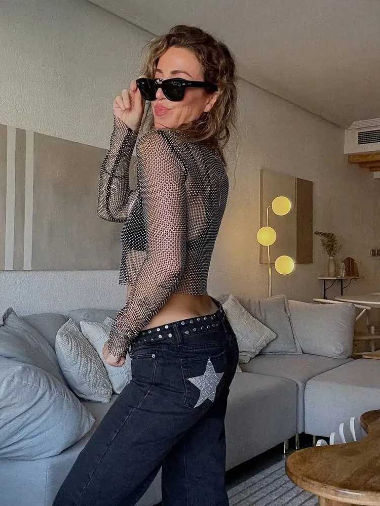 Women Retro Y2K Gothic Jeans Sequin Leopard Star Patch Mid Rise Wide Leg Denim Pants.T260310