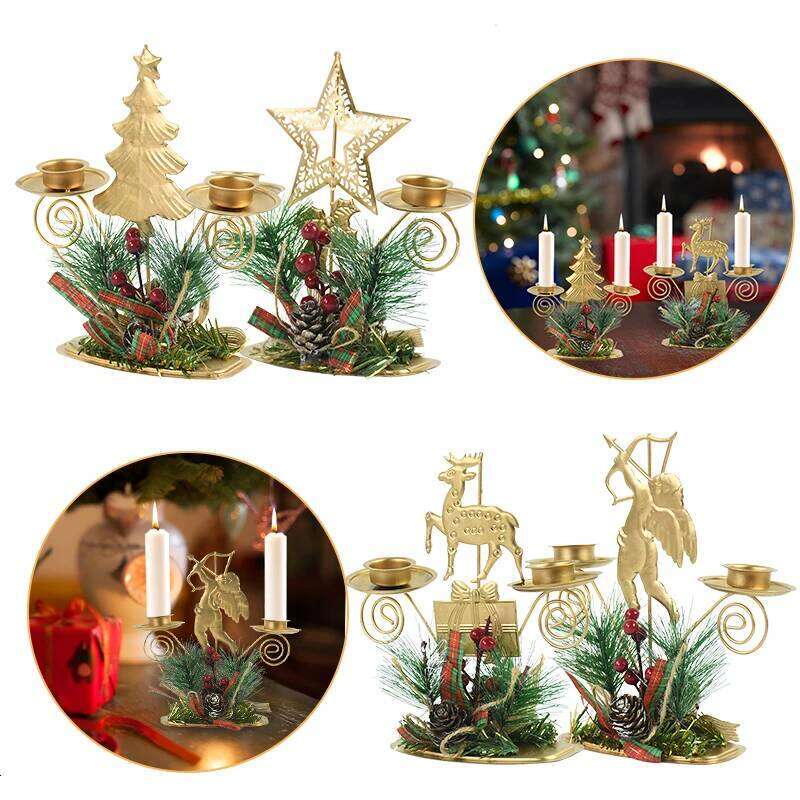 Christmas Golden Wrought Iron Candlestick Santa Claus Snowflake Star Elk Candle Holder Table Ornaments Xmas Decor New Year Gifts H260310