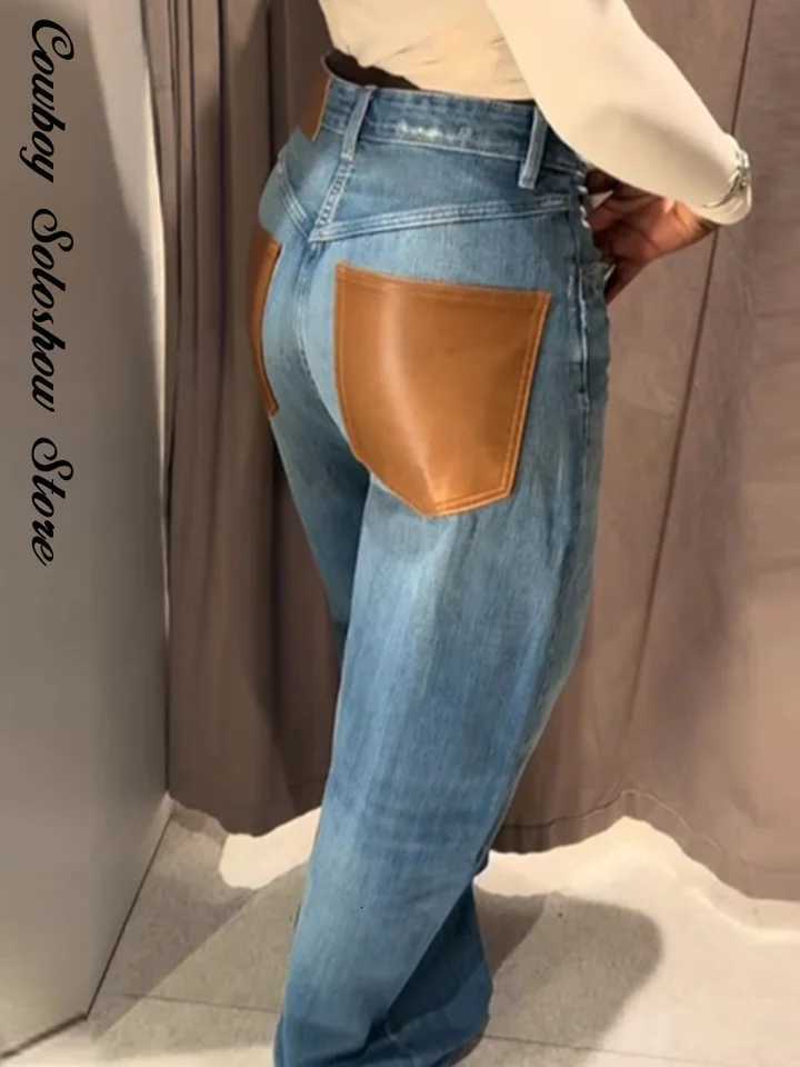 Female Vintage Leather Pocket Jeans Women Blue Zipper Straight Loose Trousers Lady New Fashion Daily Casual Spring Pants 2026T260310