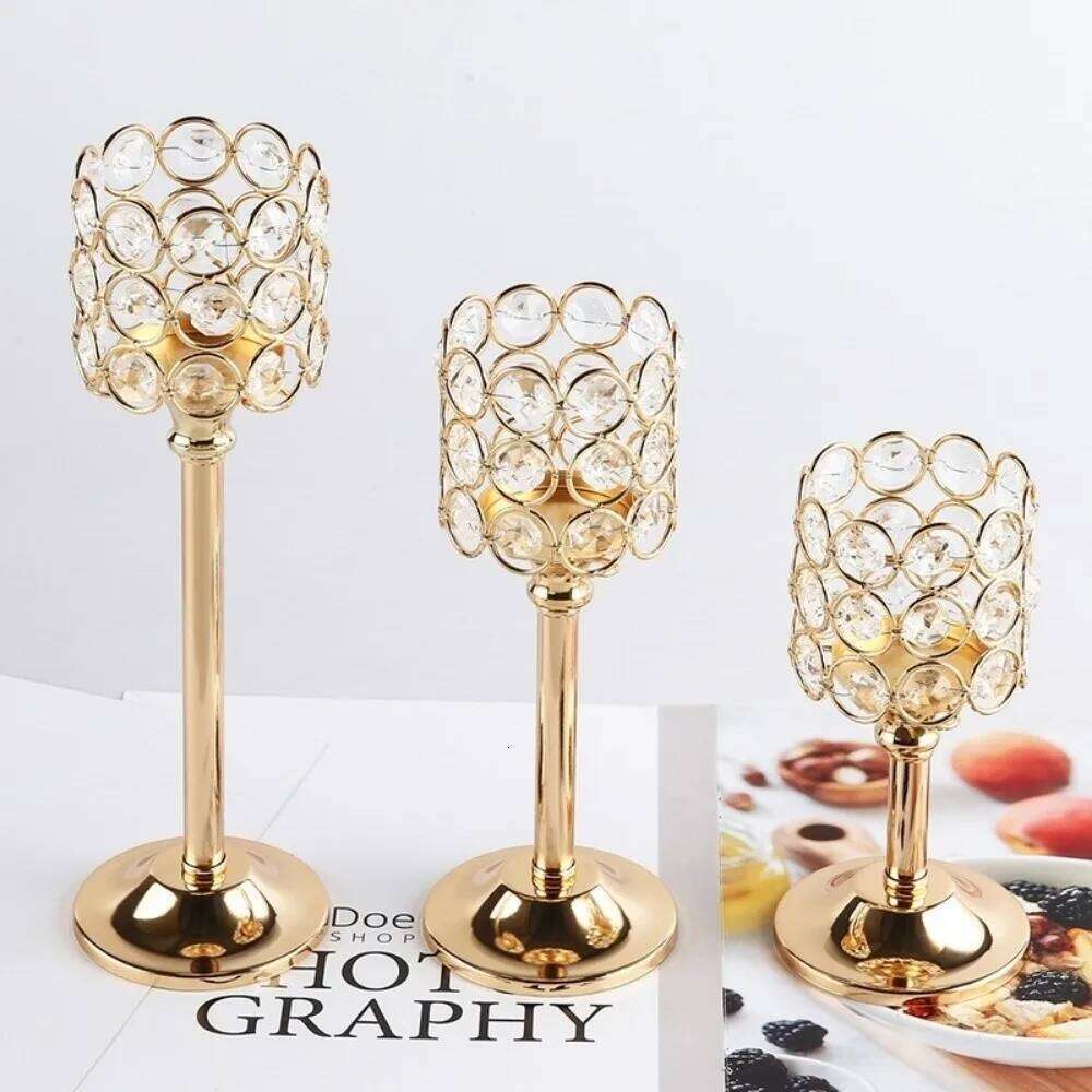 Retro Golden Candle Holder Crystal Metal Tea Stand Lamp Candlestick European Style H260310
