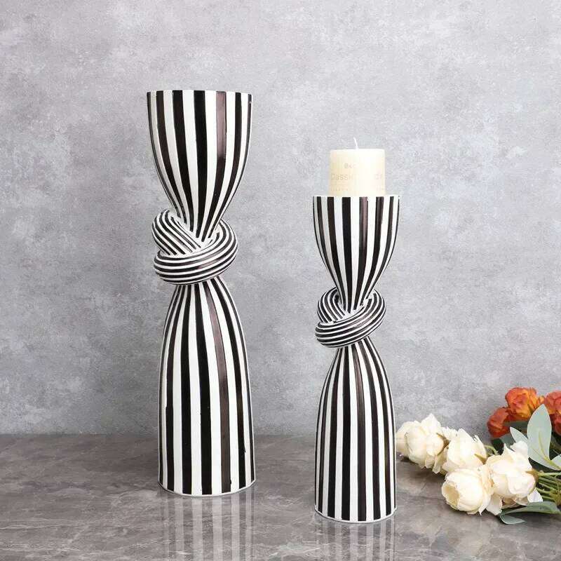 Black and White Striped Twisted Rope Knot Single Candle Holder, Resin, Dining Table Wedding Center Decoration, Modern Decoration H260310