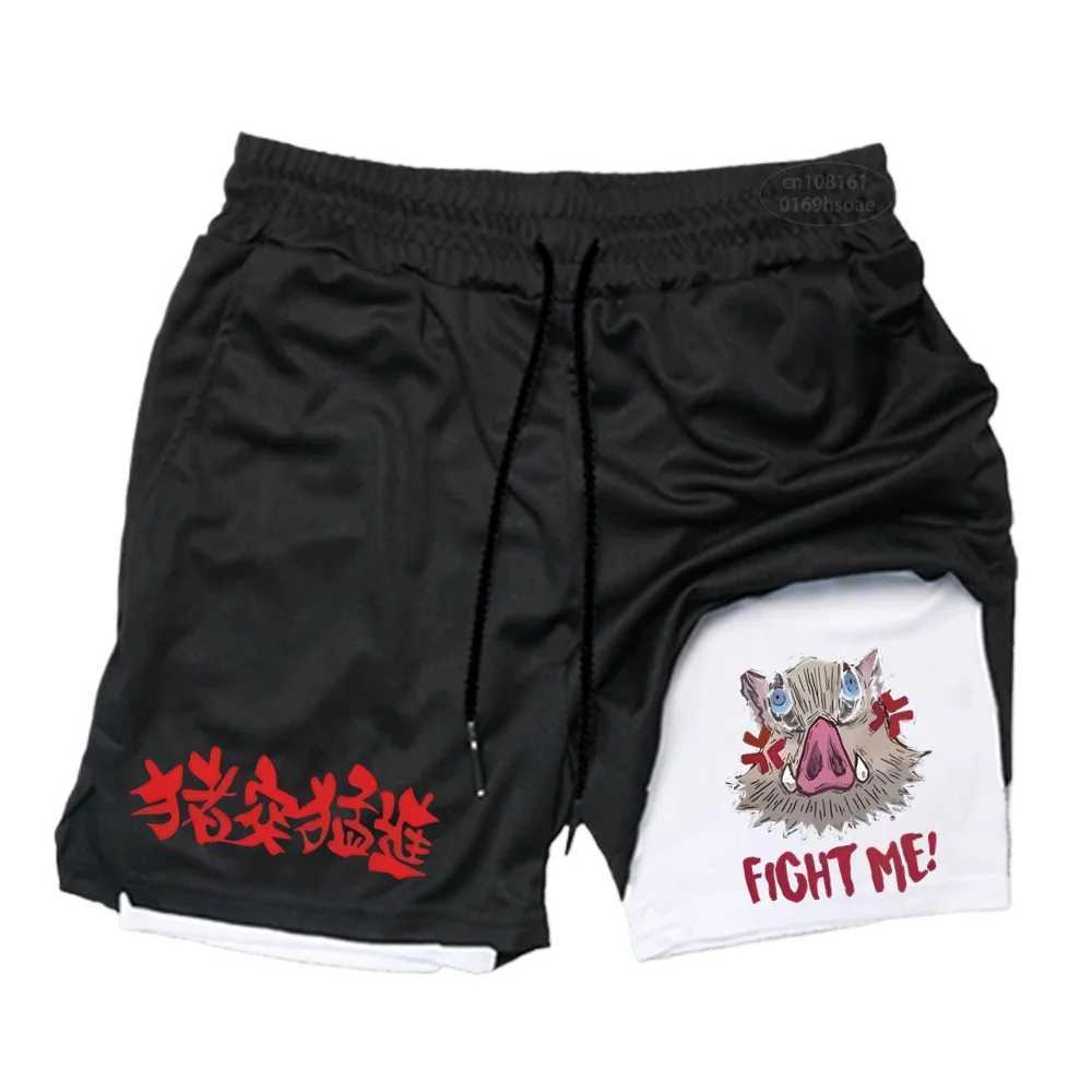 Mens anime printed fitness shorts double-layer 2-in-1 quick drying fitness outdoor leisure training sports shorts N260310