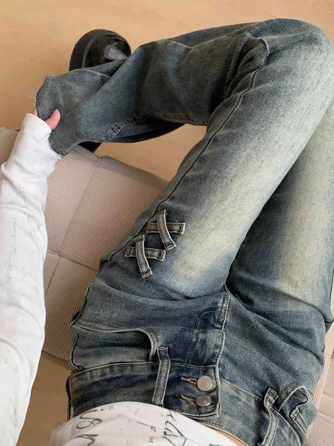 New retro high waist solid color micro-flare women jeans y2k fashion street clothing slim and slim stretch flared pants M260310