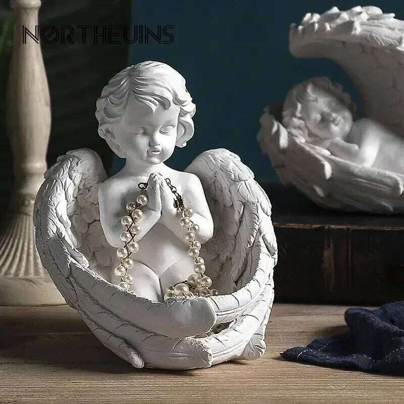 NORTHEUINS Angel Girl Candle Holder Figurines Nordic Fairy Candlestand Garden Modern Resin Statue Interior Home Shelf Decoration H260310