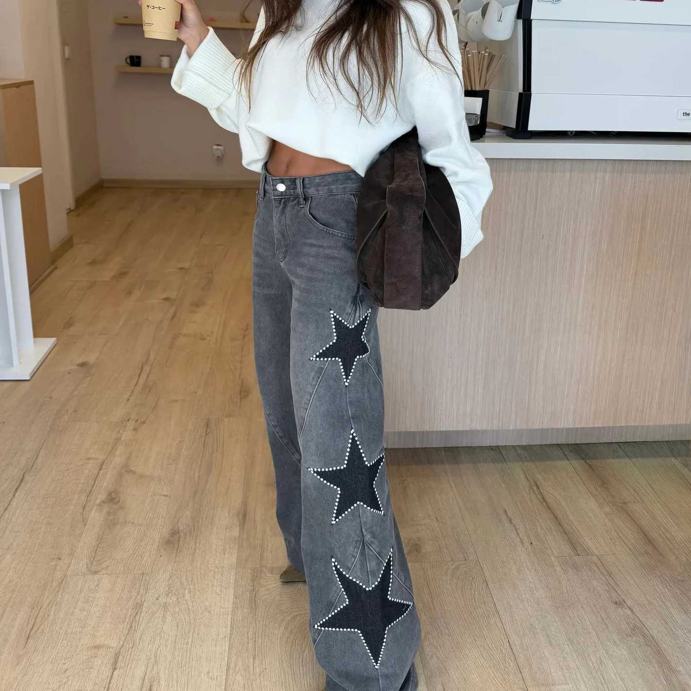 Womens New Fashion Casual Loose Straight Denim Pants with Five-Pointed Star Design M260310