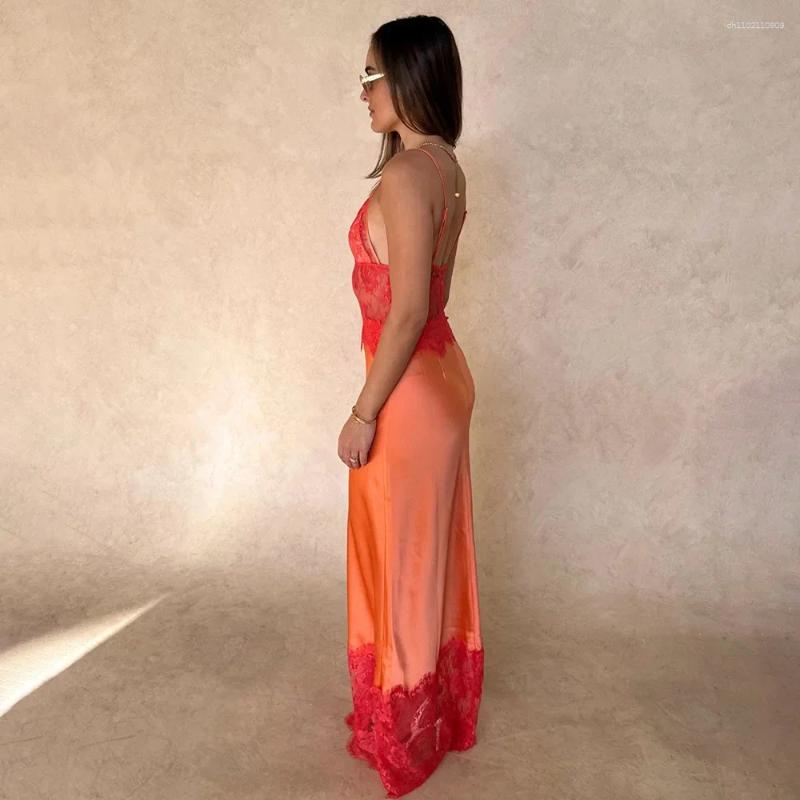 Casual Dresses Sleeveless Lace Patchwork Sling Dress Women Backless Off Shoulder See Through V-neck Slim Maxi Vestidos Lady Vacation