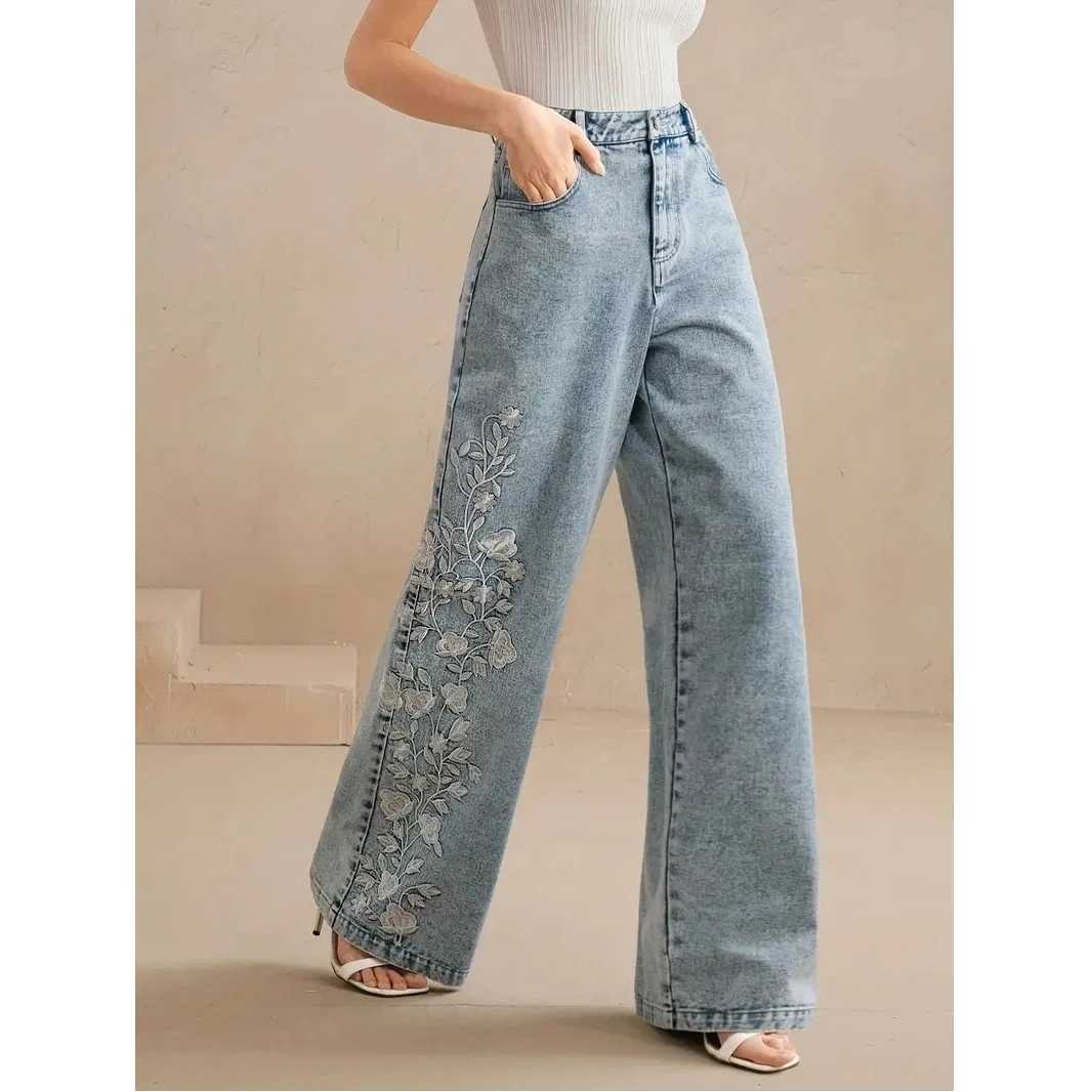 Y2k Pants New 2025 Trend Jeans for Woman Plus Size Comfort Stretch Washed Denim Embroidery Design Fashion Straight Leg M260310