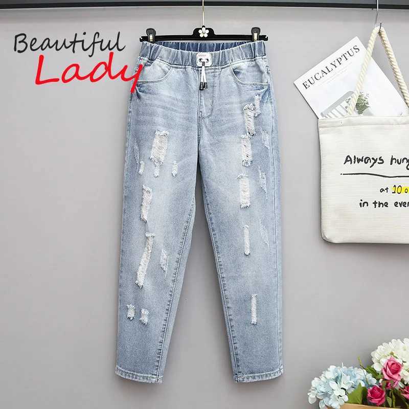 L-7xl ripped jeans woman high waisted plussized baggy blue jeans for women loose denim trousers mom jeans M260310