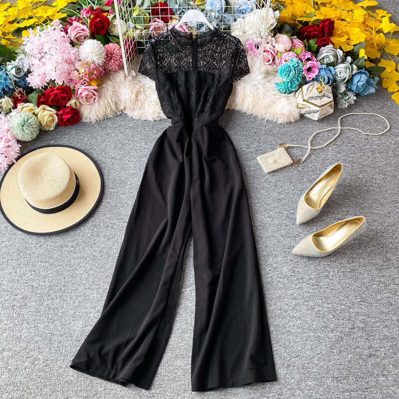 Fashionable and sexy women's 2026 summer series lace patchwork waist cinching slimming high waist straight leg long jumpsuit
