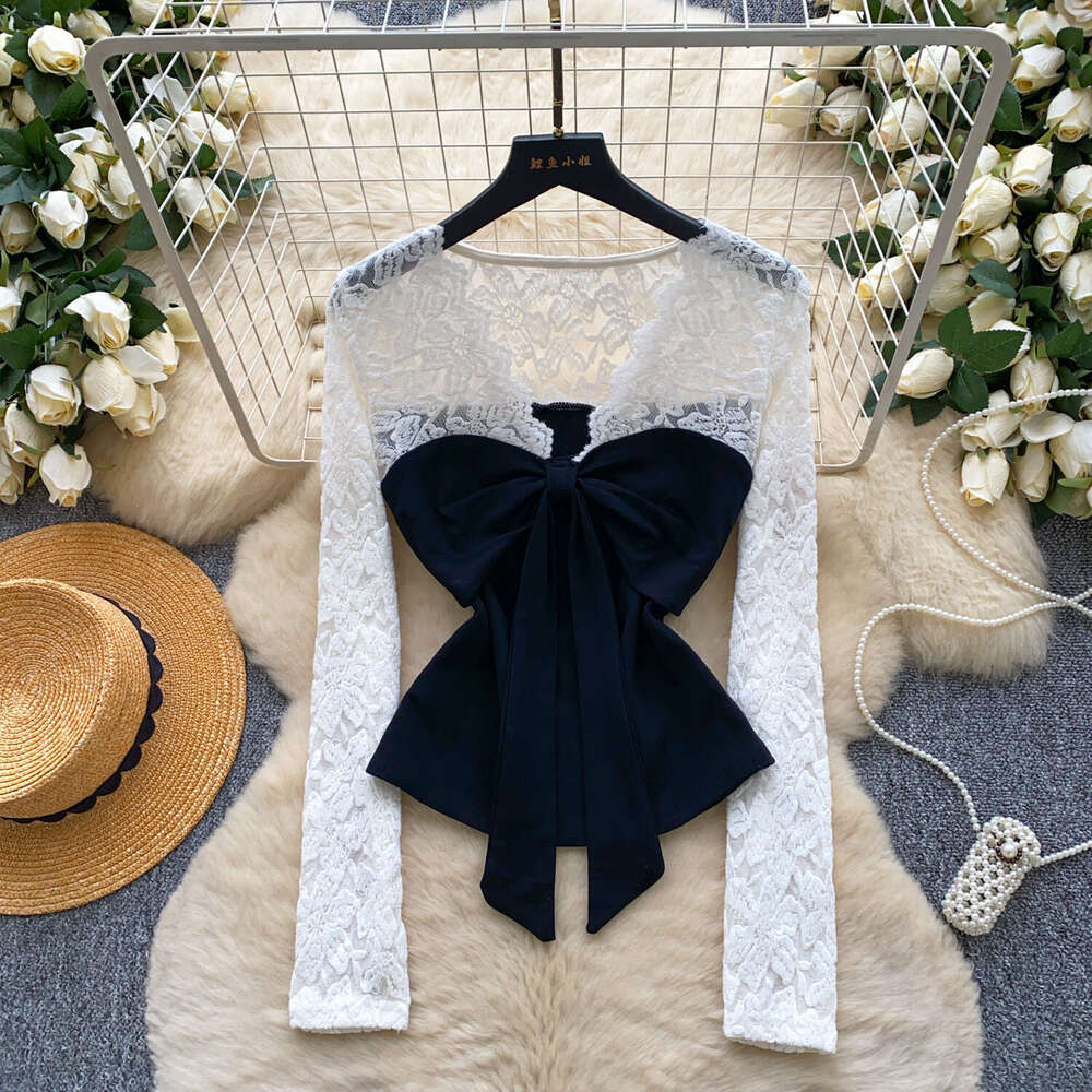 2026 designer women's French V-neck tie lace long sleeved patchwork top for autumn and winter slim fit