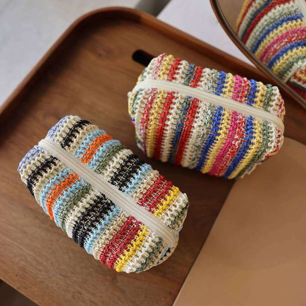 Colorful Knitted Cosmetic Bag Travel-Friendly Handbag Toiletry Pouch Women's Cosmetics & Skincare Organizer On-the-Go Bag-in-Bag XJ260310