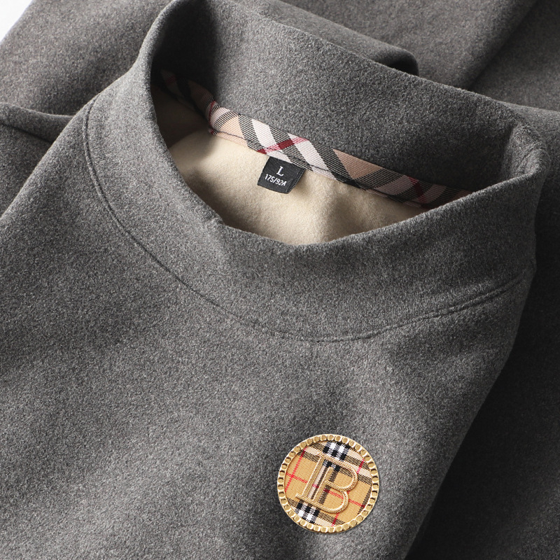 Luxury Brand Designer Clothes Men's Thermal Fleece Half-High Collar Long-Sleeve T-Shirt, Double-Sided Fleece Thickened Warm Base Layer, White Swe