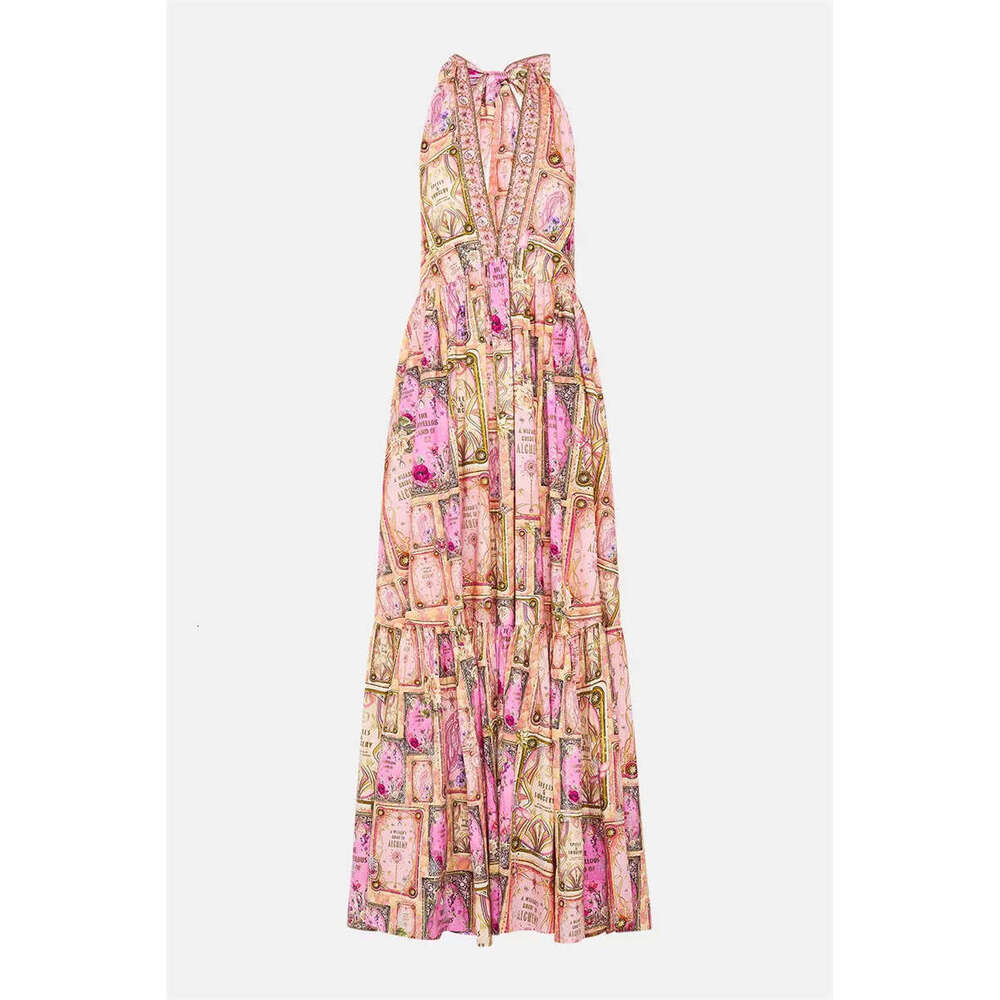 2026 new fashion goddess like sexy vacation style V-neck tie with backless printed flowing dress