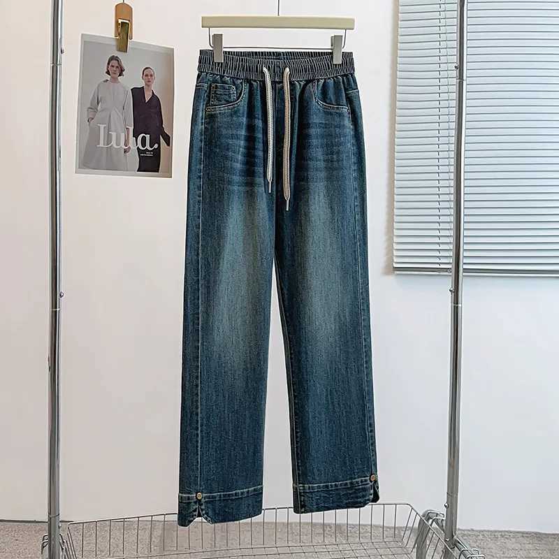 Autumn Women 9XL Blue Jeans Fashion Washed Cotton Elastic Straight Denim Pants Korean Casual Simple Female High Waist Trousers M260310