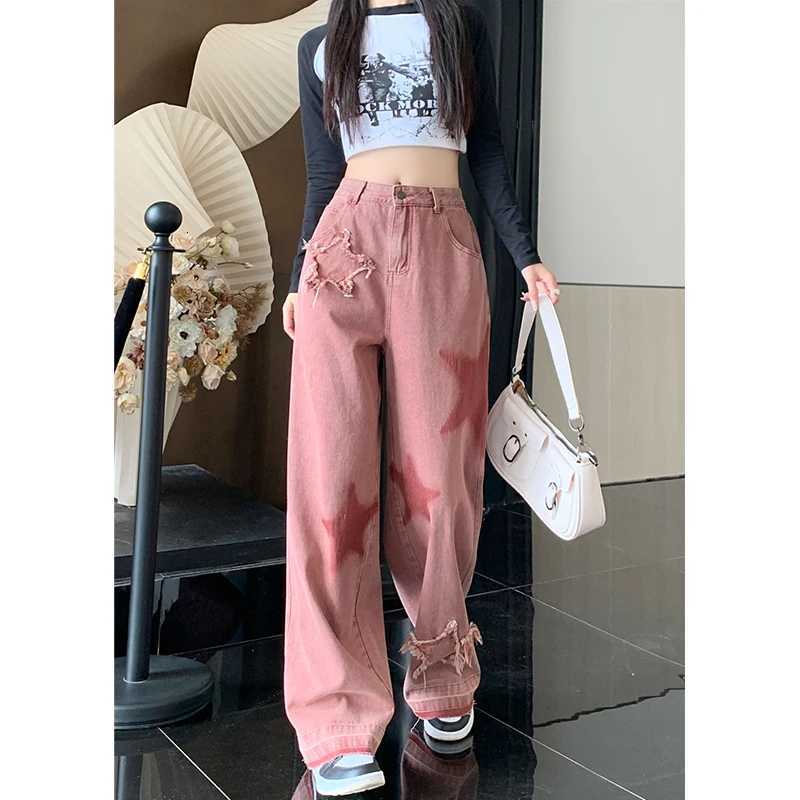 Women Streetwear Pink Jeans Vintage Star Print High Waisted American Retro Wide Leg Denim Pants Hip-hop Straight Y2K TrousersT260310