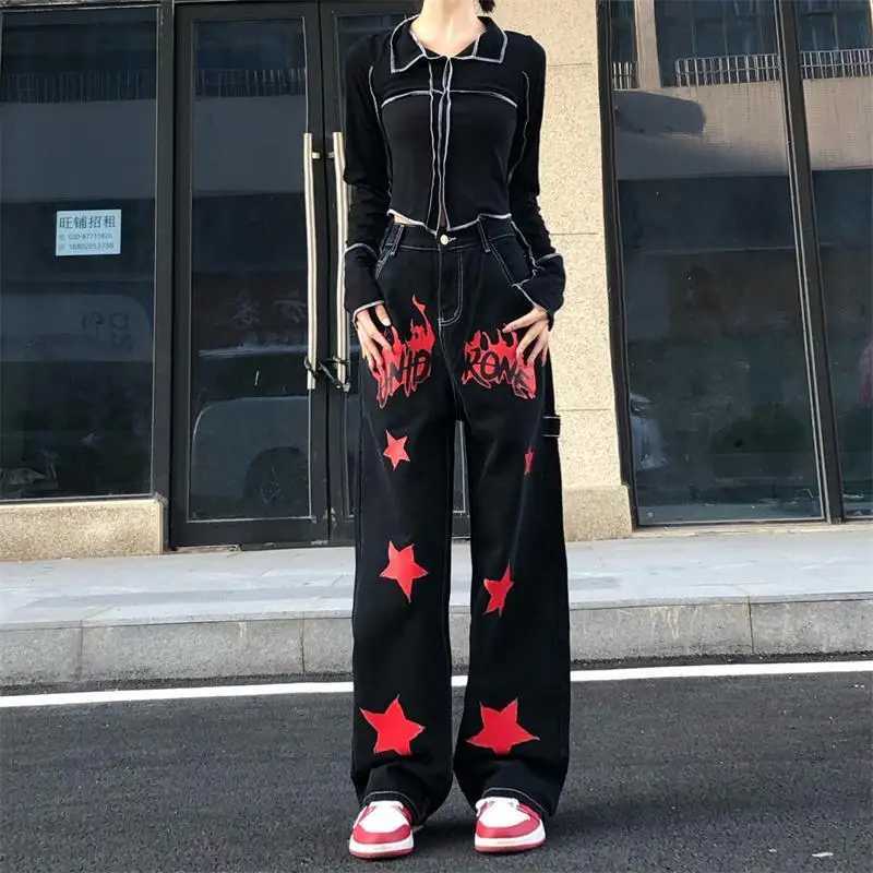 Hip Hop Vintage Women Black Red Jeans Streetwear Fashion Pants Star Painted High Waist Wide Leg Straight Casual Loose TrousersT260310
