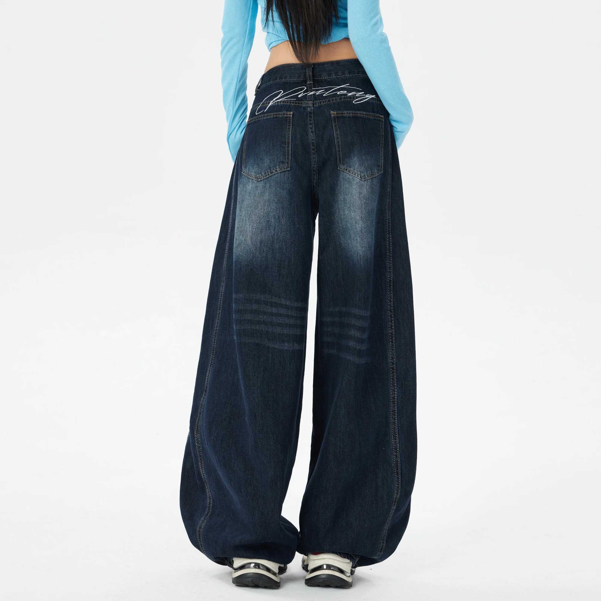 Blue Womens Retro Y2K 2000s Wide Leg Baggy Casual Denim Trouser High Waist Loose Jeans 2026 Harajuku Full Length Pants M260310