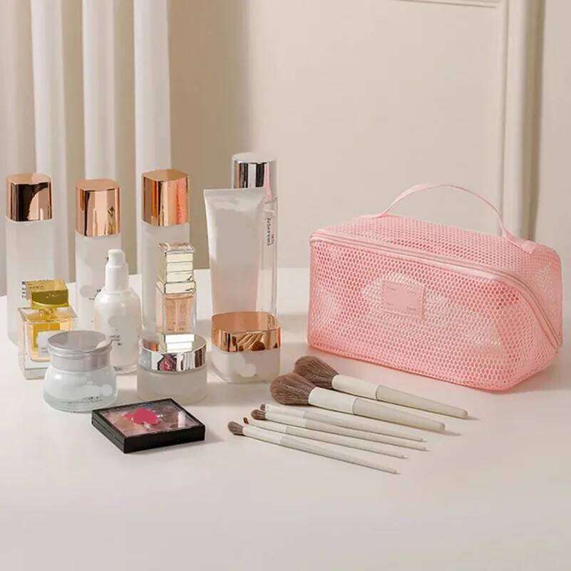 Large Capacity Handheld Makeup Zipper Multi-layer Transparent Mesh Cosmetic Bag Organizer Case Square XJ260310