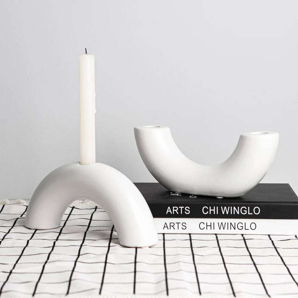 Traditional Arch Candlestick Holder,Nordic Minimalist Geometric Curved Candlestick,White Ceramic Tube type Candle Stand H260310