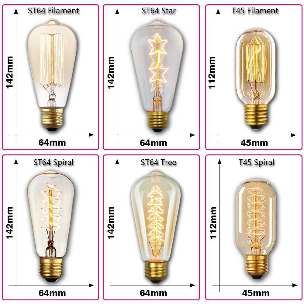 Retro Edison Light Bulb E27 40W 220V A60 ST64 G80 G95 T10 Edison Lamp Ampoule Vintage Filament Incandescent Bulb For Home Decor H260310