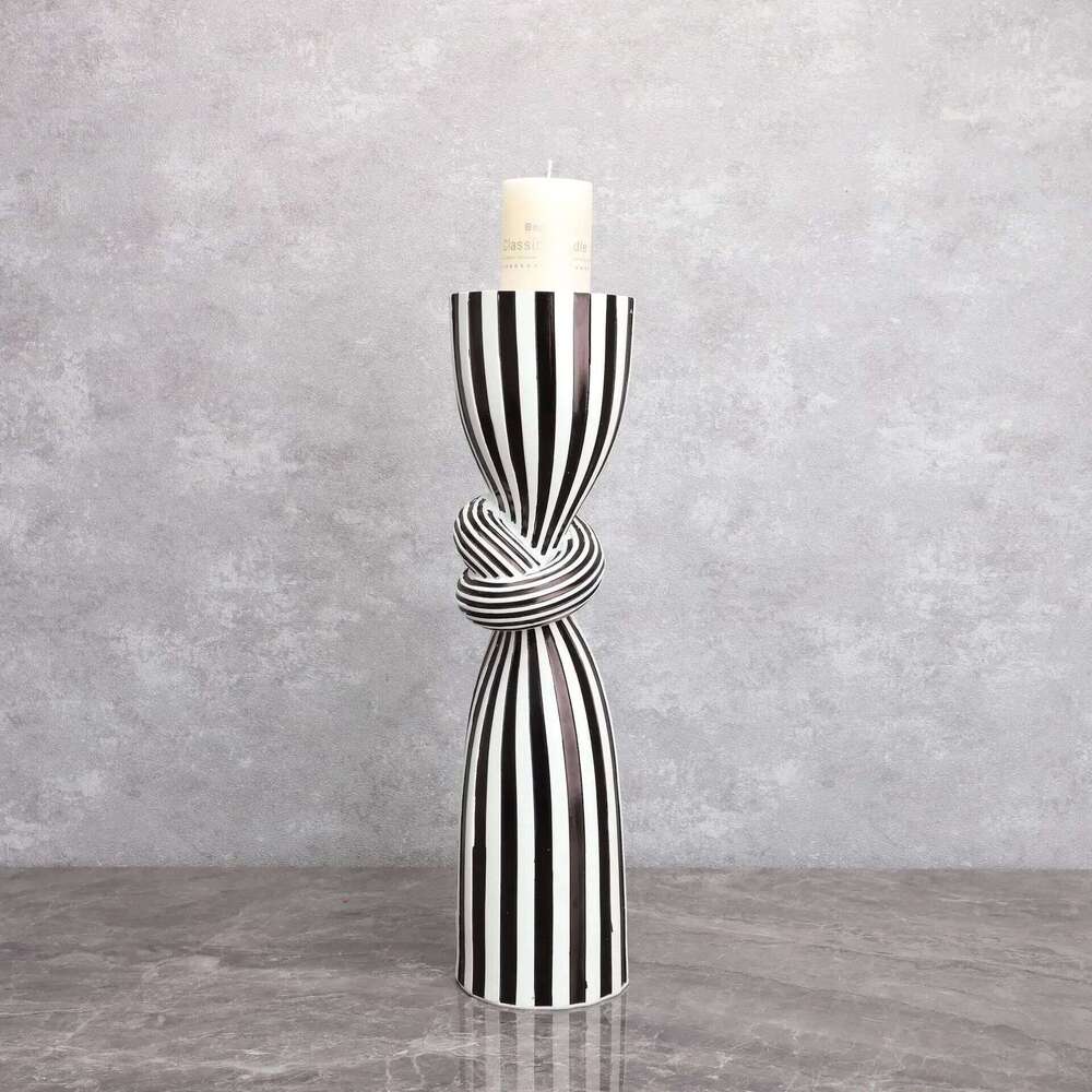 Black and White Striped Twisted Rope Knot Single Candle Holder, Resin, Dining Table Wedding Center Decoration, Modern Decoration H260310