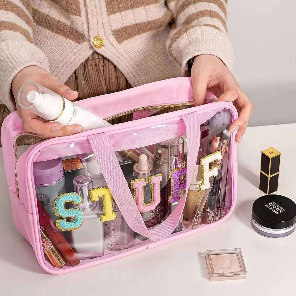 Toiletry Storage Large Capacity Travel Organizers, Chenille Letter Cosmetic Bags, Transparent Makeup Pouches XJ260310
