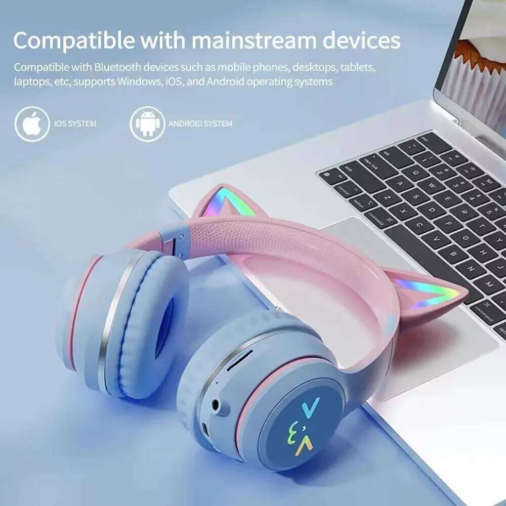 Flash Light Pink Cute Cat Ear Headphones Wireless Earphone Over-ear Noise Cancelling Folding Headset Girl Gift Earbuds 26W0310
