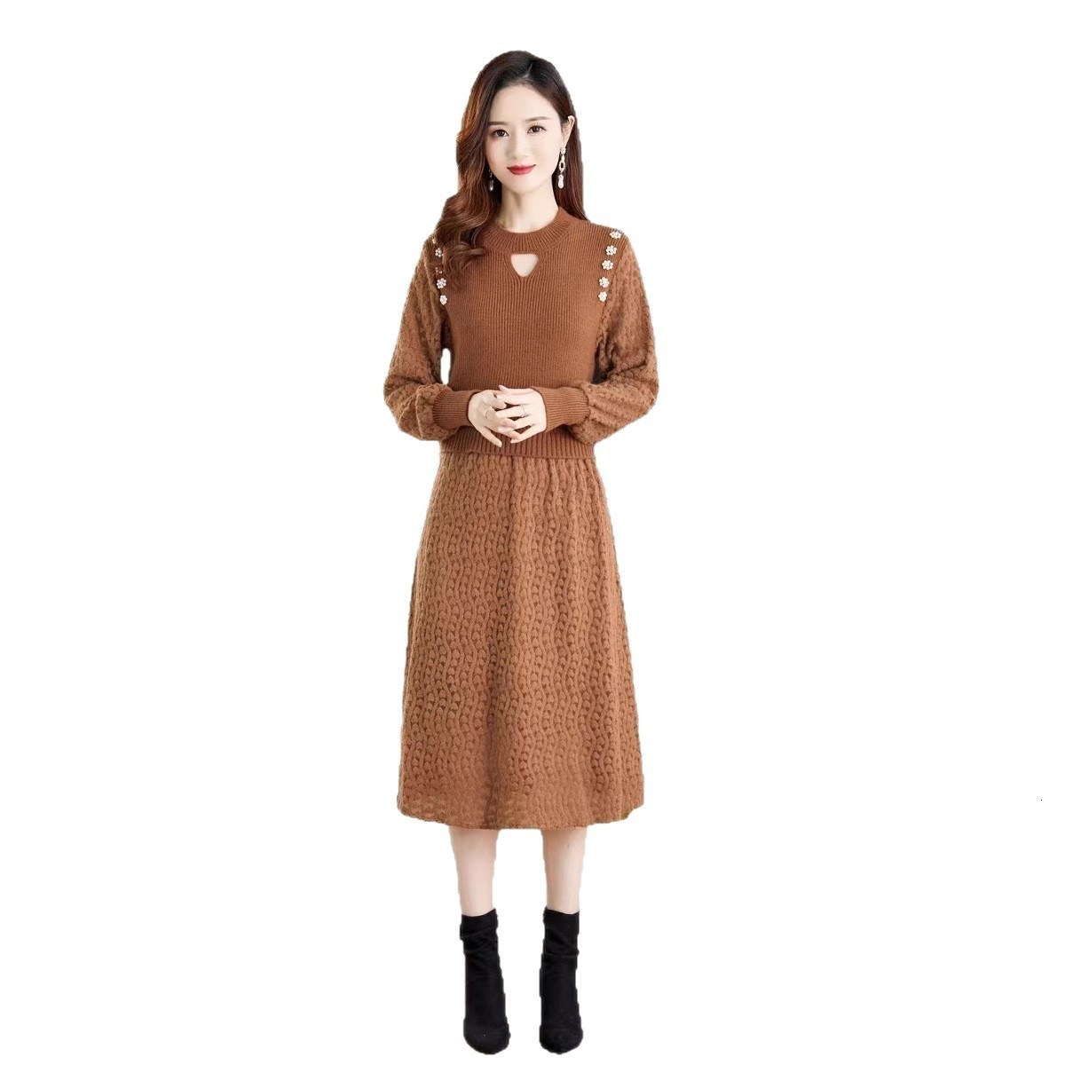 Elegant Knit Tweed Style Slimming Dress For Women Autumn/winter Slim Fit Tweed Patchwork Dresses 240824