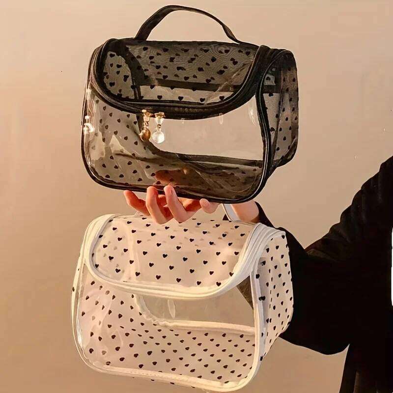1pc Large Capacity Heart Mesh Makeup Bag Frosted Transparent Cosmetic Toiletry Organizer Travel Pouch for Office Home or Daily XJ260310
