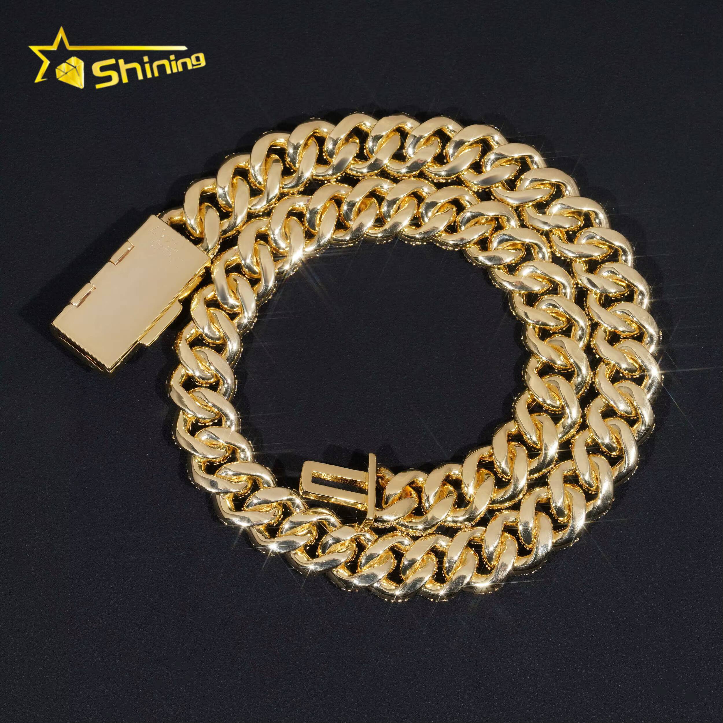 Gold Plated Pass Diamond Tester 13MM 925 Silver Iced Out Moissanite Cuban Link Chain Men Hip Hop Chain Necklace