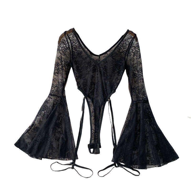 European and American sexy thin lace V-neck bell shaped sleeve women's jumpsuit summer design with tie 2026