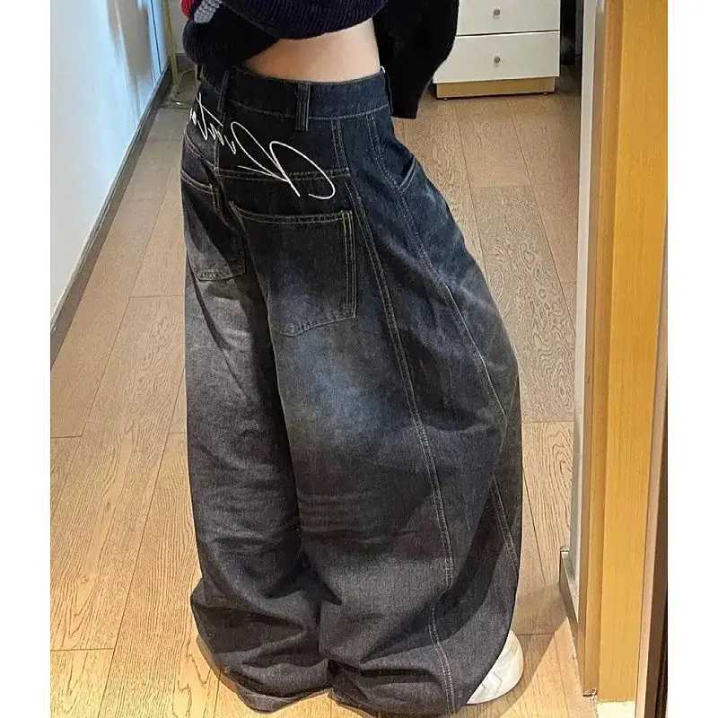 Black Womens Jeans High Waist Vintage Design Hip Hop Straight Baggy Denim Pants Street Y2K American Style Wide Leg Denim Trouser M260310
