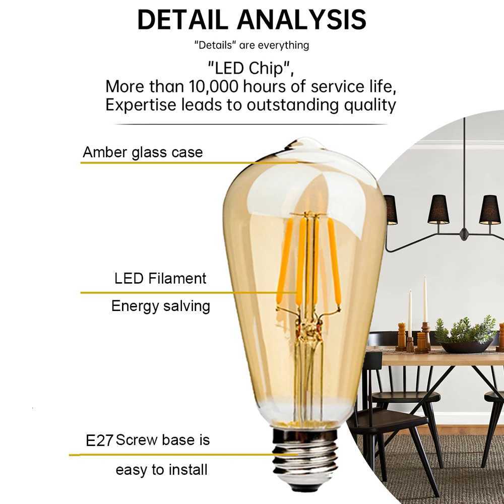 E27 Retro Edison Filament Bulb 4W 6W 220V ST64 Vintage LED Lamp Bulbs 2200K 2700K Warm White Amber Glass Light Bulbs for Home H260310