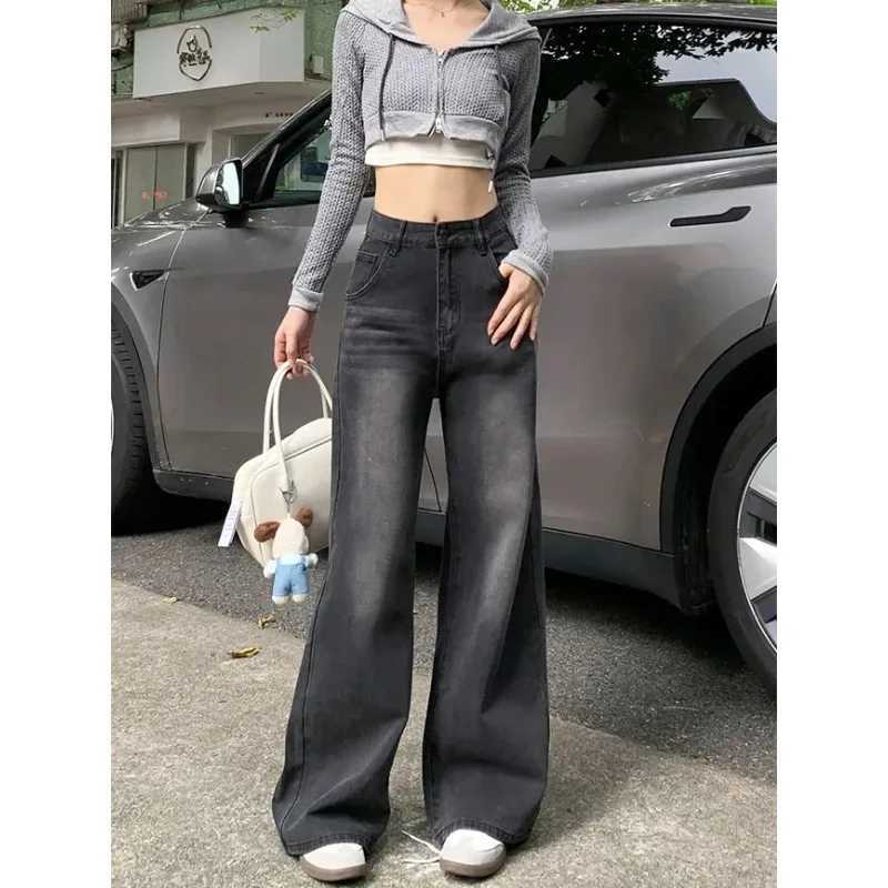 Casual High Waist Jeans Denim Loose Fit Personality Vintage Black Gray Straight Leg Wide Leg Trousers Women Womens pants M260310