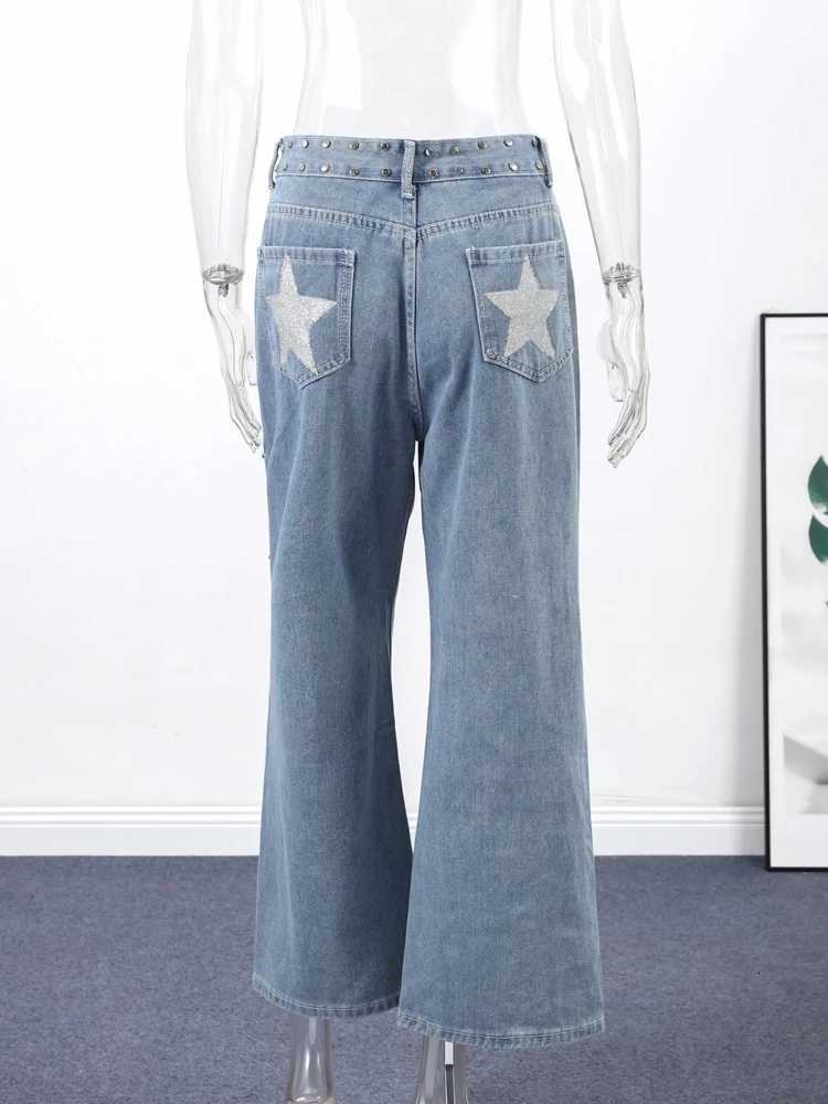 Trendy Womens Denim Jeans Pant High Waist Baggy Pants With Bead Studs Y2K Style High Street Jeans Female Casual Chic TrousersT260310