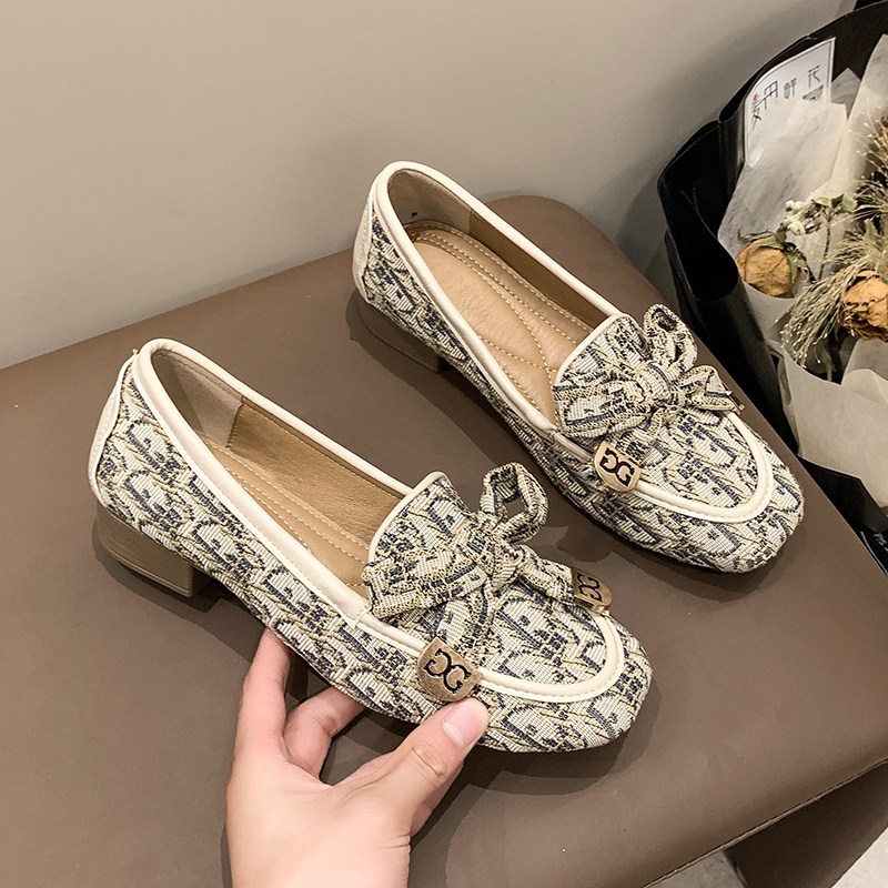 Women Bow Brand Loafers Print Random Square designer Heels Shoes Autumn New Fashion Ladies Casual Shoes Luxury Pumps Jacquard Fabric Low Heel Slip-On Dress Shoes