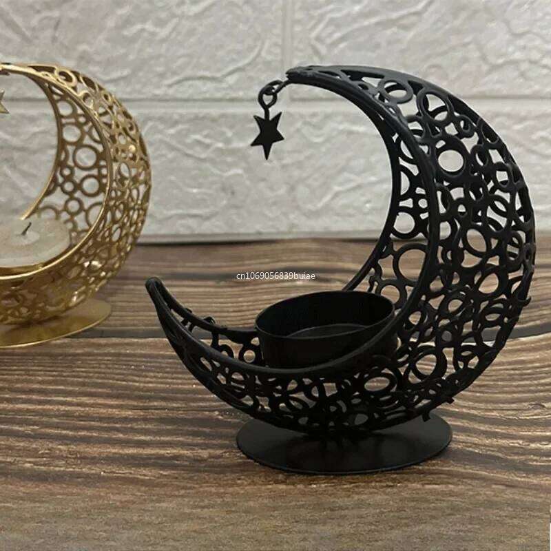 11.2CM Light Luxury Crescent Star Moon Black Gold Metal Holder Modern Romantic Wedding Christmas Candle Cup H260310