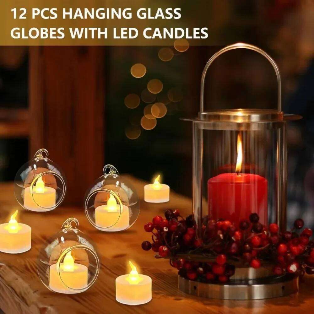 6/12Pcs Glass Candlestick LED Tealight Candle Holder Hanging Plant Crystal Ball for Wedding Home Party Tree Decoration H260310