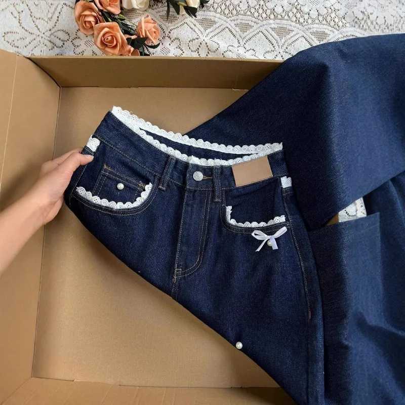 Womens Dark Blue High Waist Jeans Lace Trim Straight Leg Loose Slimming Pants for Spring Autumn M260310